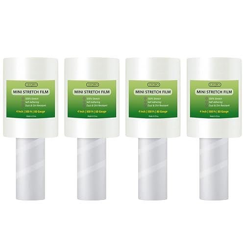 Clear Stretch Wrap Film,4" x 2000Ft Pallet Wrap Roll with Handle for Moving Supplies,80 Gauge Industrial Strength Durable Self-Adhering Packing, Moving, Heavy Duty Stretch Film, 500Ft x 4 Pack