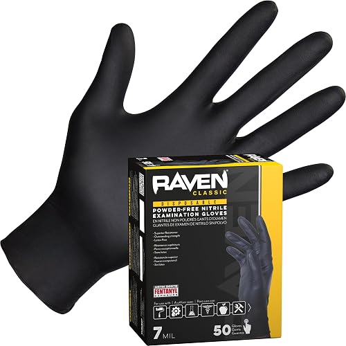 Raven Powder Free Nitrile Disposable Gloves | 7 Mil | Latex Free, Chemical + Puncture Resistant, Single Use |