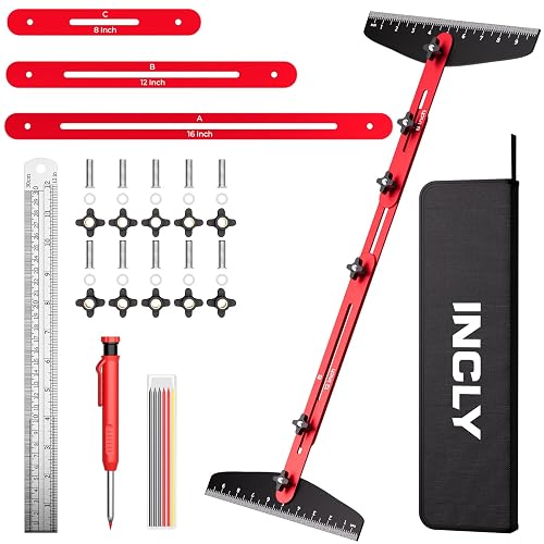 INCLY Stair Tread Template Tool Kit with Carpenter Pencil and Steel Ruler | 10.5-60.5'' Adjustable Stair Step Jig, Aluminum Alloy Stair Craft Measuring Set for Floors Cabinets Woodworking Construction