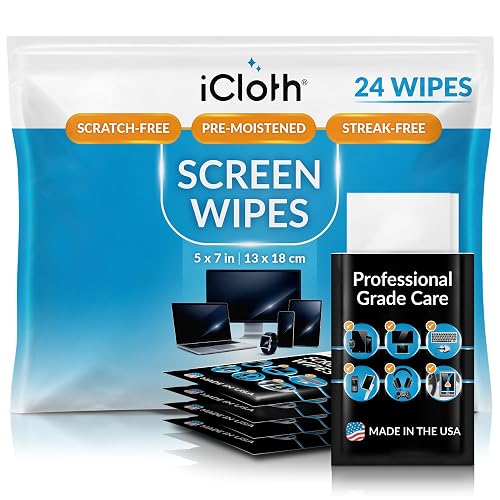 iCloth Screen Cleaner Wipes Individually Wrapped Travel Size Streak-Free (24 Large Wipes)