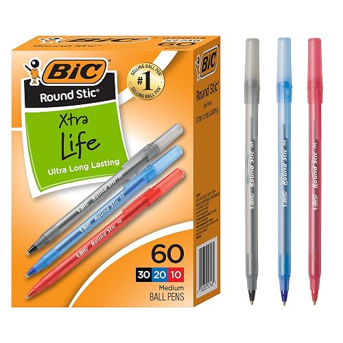 BIC Round Stic Xtra Life Assorted Ink Ballpoint Pens, 60-Count, 1.0mm | Flexible Round Barrel for Comfortable Writing | Translucent Barrel to View Ink Supply | Smooth Ink for Consistent Writing
