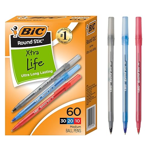 BIC Round Stic Xtra Life Assorted Ink Ballpoint Pens, 60-Count, 1.0mm | Flexible Round Barrel for Comfortable Writing | Translucent Barrel to View Ink Supply | Smooth Ink for Consistent Writing