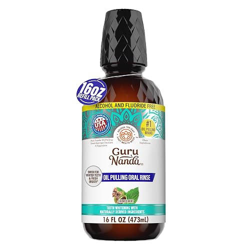 GuruNanda Farmed Mint Oil Pulling Mouthwash for Complete Oral Hygiene, 7 Essential Oils & Vitamins for Happy Teeth & Gums & Fresh Breath, Alcohol-Free, 16 oz