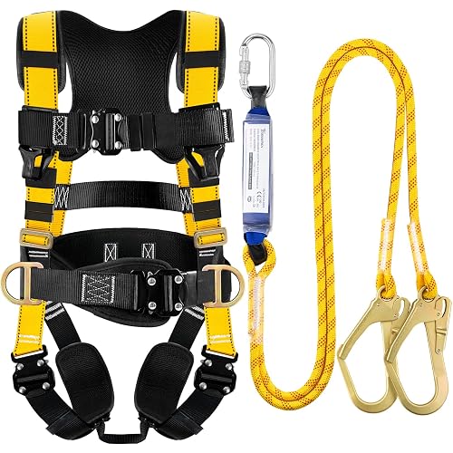 TRSMIMA Safety Harness Fall Protection - Harness Kit for Men Construction | Fall Arrest Roofing Harness Kit Men Full Body Harness with Lanyard for Work Upgrade 4 Quick Buckles