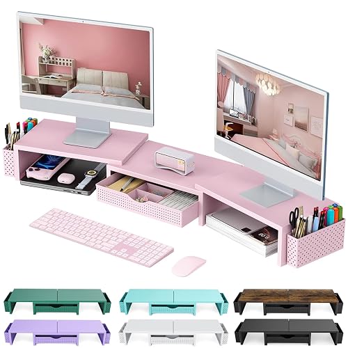 gianotter Dual Monitor Stand Riser With Drawer and 2 Pen Holders | Computer Monitor Stand Desk Organizer and Accessories Desk Shelf for Top of Desk (Pink)