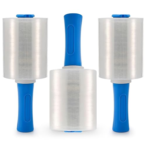 Noamus 3 Pack 5" x 1000ft Clear Industrial Stretch Wrap Film, 100 Gauge Mini Plastic Wrap with Handle, Heavy Duty Stretch Film Roll, Thick Cling Pallet Wrap for Packing, Moving Supplies, Packaging
