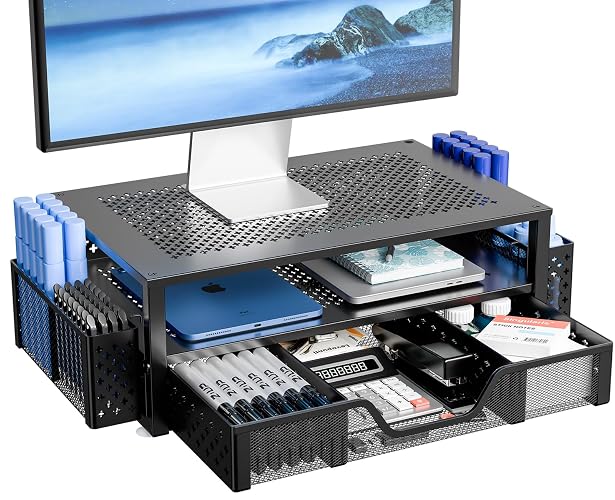 Simple Trending Monitor Stand with Drawer, 2-Tier Laptop Stand, Black | Desk Organizers and Accessories with Drawer and 2 Pen Holders, Sturdy Metal Stand Riser for Home Office, 20"W x 10"D x 5.8"H