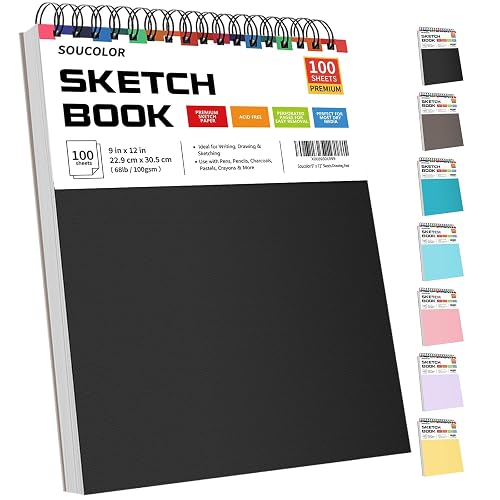 Soucolor Sketch Book 9" x 12", 100 Sheets Kids Art Sketchbook Drawing Pad | 68lb Acid-Free, Fine-Texture Paper, Top Spiral for Lay-Flat, Gift for Teens Girls Boys Beginners Adults, School Art Supplies