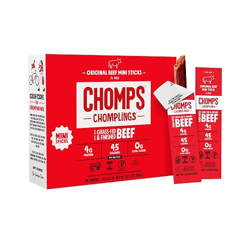 Chomps Original Beef Chomplings, Grass-Fed & Finished, 24ct, Protein Snack | Beef Jerky, Original Grass-Fed And Finished Beef Sticks With Zero Sugar, Certified Gluten Free, Keto Friendly, Whole30