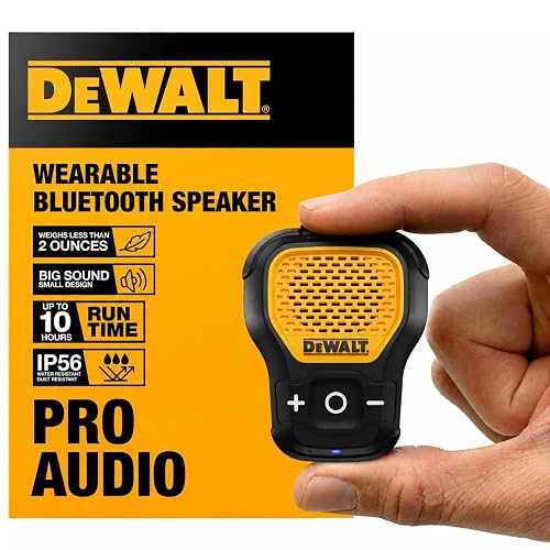 DEWALT Mini Wearable Bluetooth Speaker, Clip-On Jobsite Pro (Yellow) | Water-Resistant Portable Wireless Speaker (Non-Magnetic), Built-in Mic for Hands-Free Music/Calls, Bluetooth Speaker