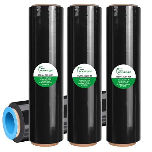 18" x 1500' Black Plastic Shrink Wrap Roll - 80 Gauge, 500% Stretch Industrial Strength Moving Wrap, Heavy Duty Pallet & Furniture Protection - 4 Roll Bundle Stretch Wrap with Handles