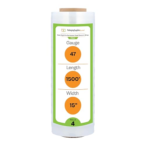 PSBM Stretch Wrap, 4 Rolls 15 Inch x 1500 Feet 47 Gauge Clear Plastic Wrap Industrial Strength Shrink Film for Moving, Packing & Shipping