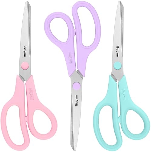 iBayam 8.5" Scissors All Purpose, 2.5mm Sharp Blade, 3 Cute School Office | Soft Comfort-grip, Left/Right Handed, Cuts Cardboard, Fabric, Vinyl & Leather for Office, Classroom, School & Craft Desk