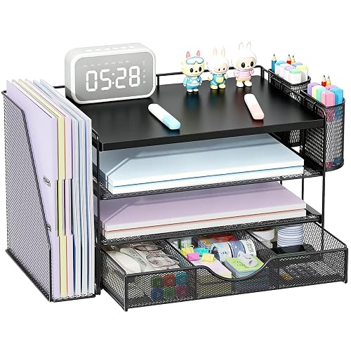 gianotter Wood Desk Organizers and Accessories with File Holder, 4-Tier Desk Accessories & Workspace Organizers with Drawer and 2 Pen Holder, Desk Reference Organizer (Black, 4T with Metal Drawer)