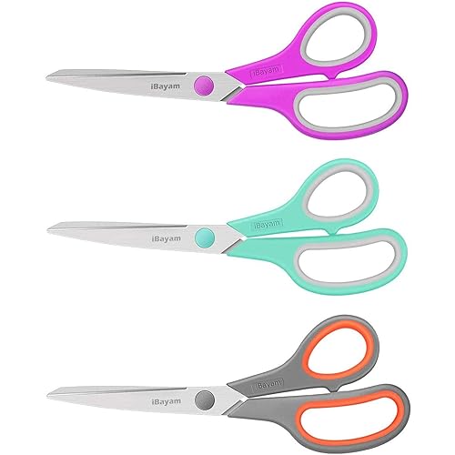 iBayam 8" Heavy Duty Scissors All Purpose for Office School Crafts Sewing | 3-Pack, 2.5mm Ultra Sharp Blades, 100,000+ Cuts, Comfort Grip Handles, Left & Right Handed – Teacher Desk & Classroom Must