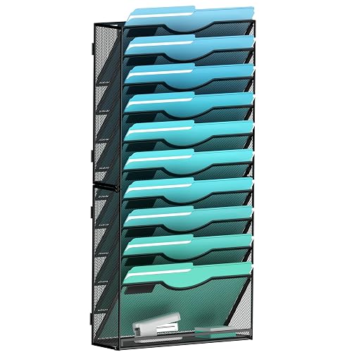 Gawerk 11-Tier Wall File Organizer Hanging Wall File Holder Wall Mount Paper Folder Organize, Mesh Magazine Document Mail Organizer Wall Organizer for Office School Home, Black