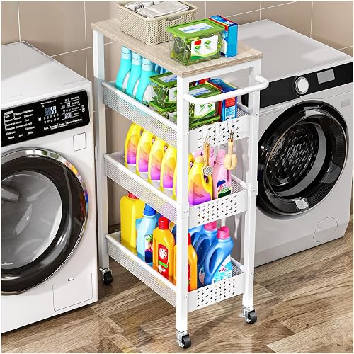 Vivihomety 4-Tier Laundry Utility Rolling Storage Cart with Wheels, Metal | Narrow 8.1" wide, lockable wheels, wood top panel, metal frame, for laundry room, small spaces, pantry, tight gaps, White
