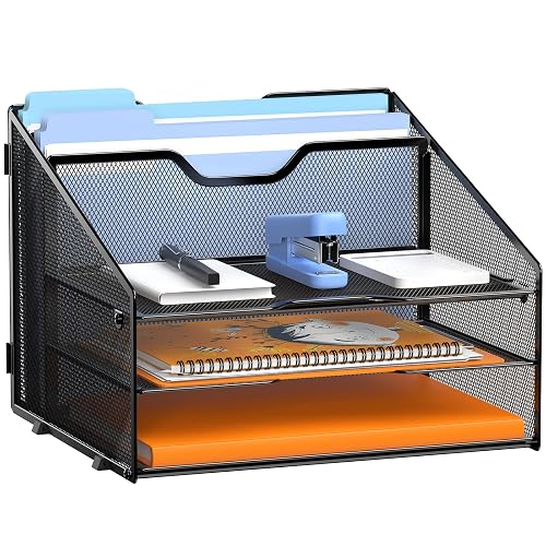 GAWERK Desk File Organizer Paper Letter Tray File Holder Office Rack, Black | Paper Tray Organizer, File Organizer for Desk, Metal Mesh Office Organization with 3 Paper Trays and 2 Vertical Section