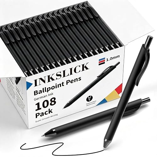 InkSlick 108 Pack Black Ink Pens Bulk Retractable Ballpoint Pens 1.0mm | No Bleed Click Pens Medium Point Smooth Writing Pens for Work Servers Office Business