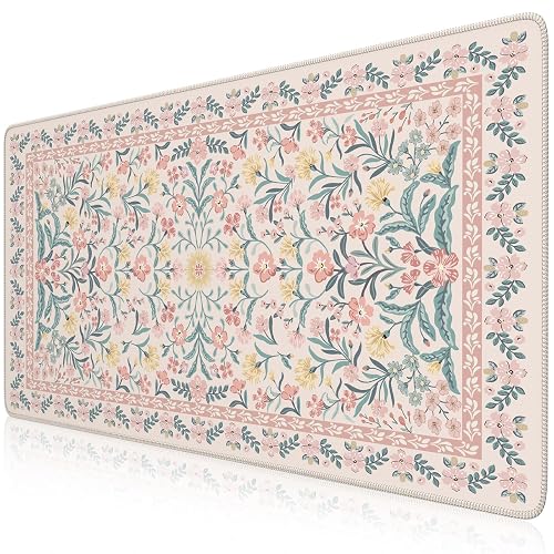iCasso Desk Mat,Mouse Pad for Office Desk,35.4x15.7in,Pink Floral | Desk Pad for Women Home Office Decor Supplies, Desk Accessories, Non-Slip Mousepad with Stitched Edge, Smooth Water-Resistant