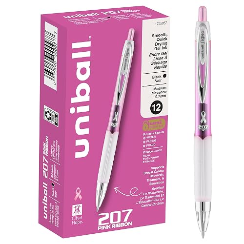uniball™ 207 Pink Ribbon Gel Pens, Medium Point (0.7mm), Black, 12 Pack | Supports City of Hope, fraud-resistant uni Super Ink, water & fade-resistant, textured rubber grip