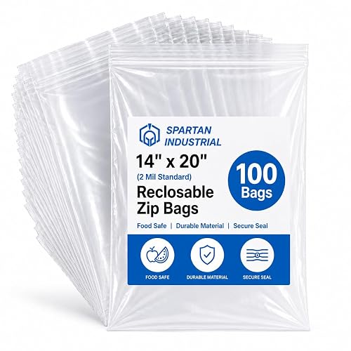 14” X 20” (100 Count) 2 Mil Clear Reclosable Zip Plastic Poly Bags | with Resealable Lock Seal Zipper - Spartan Industrial