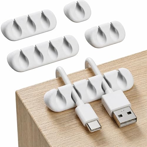 Cord Organizer for Desk, Nightstand Cable Holder, 5 Pack, Multislot, White | GLUIT Adhesive Charger Organizer, Cable Management for Desk Car Office Home College Dorm Room Cable Clips for Cords