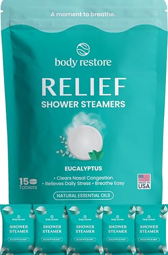 BodyRestore Shower Steamers Aromatherapy, Self Care Gifts, Relief 15 Pack | Stocking Stuffers & Birthday Gifts for Women & Men, Spa Stress Relief & Relaxation, Eucalyptus Essential Oil Tablets