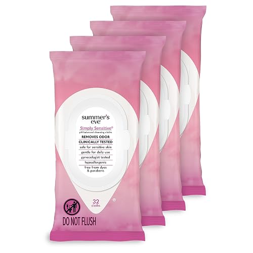 Summer's Eve Gentle Feminine Wipes, Simply Sensitive, 32 Count, 4 Pk | Vaginal Wipes, Resealable, pH-Balanced Micellar Water Formula, Feminine Care to Help Remove Vaginal Odor, Gynecologist Tested