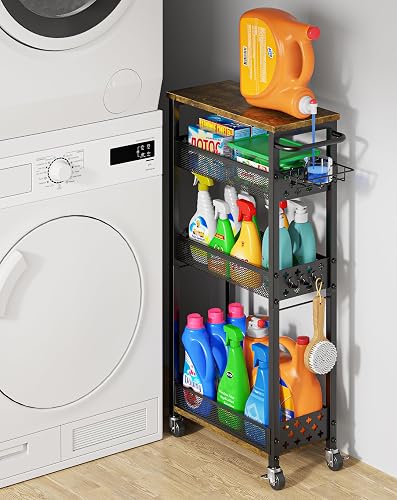 OKZEST Slim Laundry Room Organization Cart with Detergent Dispenser Holder | Holds tall bottles, Upgraded metal hub casters, 4-Tier space-saving narrow rolling cart, Premium wood & metal mesh shelves