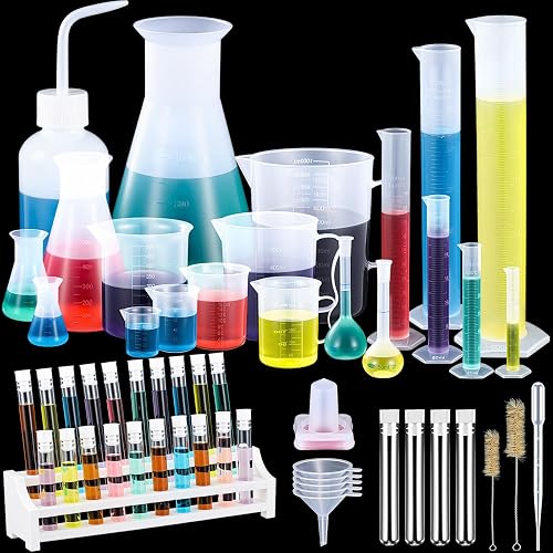 Kingdder 58 Pcs Plastic Beakers Test Tubes with Rack, Graduated Cylinder | Includes 10 Droppers, 5 Funnels, 2 Cleaning Brushes, Wash Bottle, Clear Plastic for Home Science Lab, STEM Projects