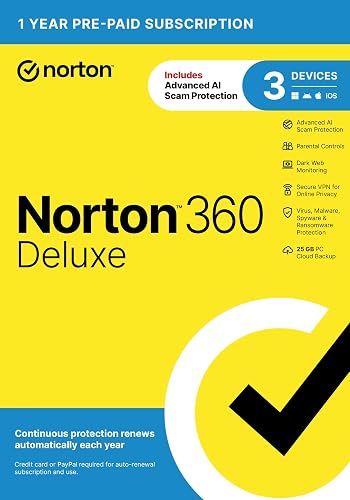 Norton 360 Deluxe, Antivirus software for 3 Devices with Auto-Renewal – Includes Advanced AI Scam Protection, VPN, Dark Web Monitoring & PC Cloud Backup [Key Card]