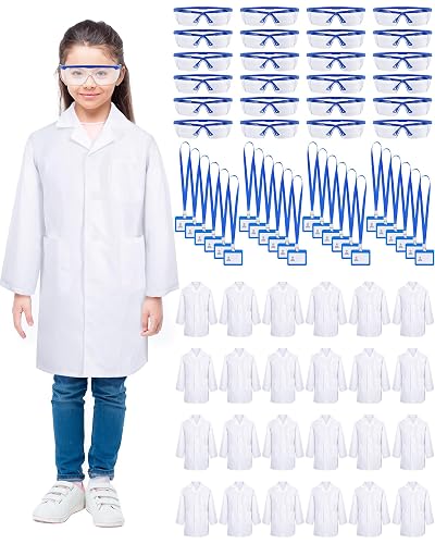 Xtinmee 24 Sets Kids Lab Coat Science Bulk with Goggles IDs,Medium | Scientist Dentist Costumes for Boys Girls, Party Favors Classroom Activities, Role Play Science Experiment Set