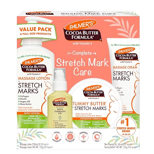 Palmer's Pregnancy Essentials Skin Care Kit, Cocoa Butter Formula (4 Piece) | Includes Massage Lotion, Massage Cream, Tummy Butter and Skin Therapy Oil for Stretch Marks, the ideal gift for mom to be