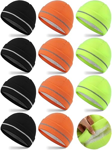 Geyoga 12 Pcs Reflective Knit Hat Winter Safety Beanies Fleece Lined Hi Vis Hat Warm Knitted Cap for Adult Work Running