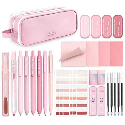 Four Candies Cute Aesthetic Pink School Supplies Kit for Girls | College Supplies and Nursing Essentials Pens, Highlighters, Mechanical Pencils, Sticky Notes for Students, Journaling