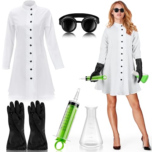5 Pcs Mad Scientist Costume for Women, Lab Coat Cosplay Set | Halloween Cosplay Party, Lab Coat, Goggles, Gloves, Flask, Syringe, Scientist Costume Outfit, Crazy Physicist Dress up Set