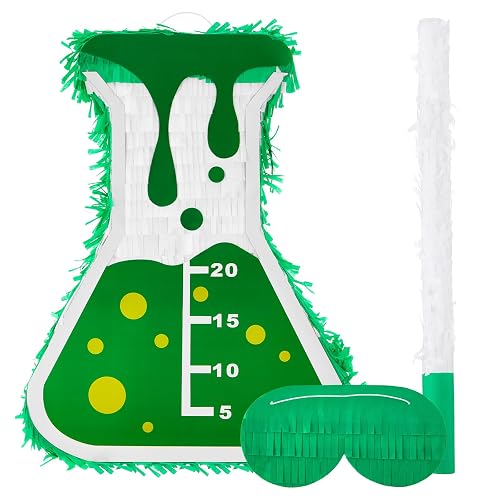 Soulchen Mad Scientist Science Beaker Piñata with Stick and Mask Blindfold | 15.75 x 11.8 x 3.5 Inches for Science Party Halloween Decorations Birthday Party Supplies Games Educational Activity