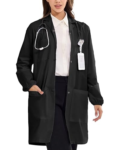 Wellhin Women's Lab Coats Snap Closure 4 Pockets Elastic Cuffs Professional Medicas Long Sleeve Labcoats Scientist College