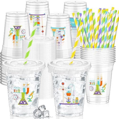 FoldTier 50 Pcs Science Cups with Lids Straws, 12 oz Party Plastic | Disposable for Science Lab Birthday Party, Colorful Experiment Print Design, Clear Plastic with Striped Paper Straws