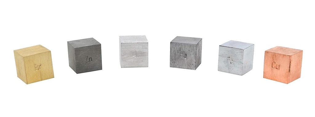 EISCO Density Cubes Set - Includes 6 Metals - Brass, Lead, Iron, Copper, Aluminum, Zinc - 0.8" (20mm) Sides - for use with Density, Specific Gravity Activities