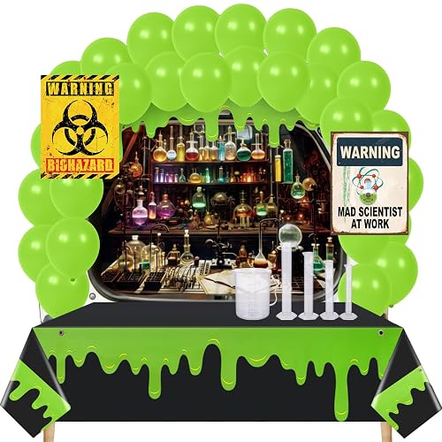Breling Halloween Mad Scientist Trunk or Treat Car Decorations, Ghost | Chemistry Theme with Beakers, Cylinders, Signs, Green Ghost Tablecloth, Balloons for Lab Atmosphere