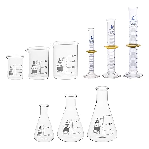 EISCO Laboratory Glassware Set, 9pcs - Includes Beaker Set (3pcs), Erlenmeyer Flask Set (3pcs), ASTM Class A Graduated Cylinder Set (3pc) - Chemistry Glassware - Made of Borosilicate 3.3 Glass