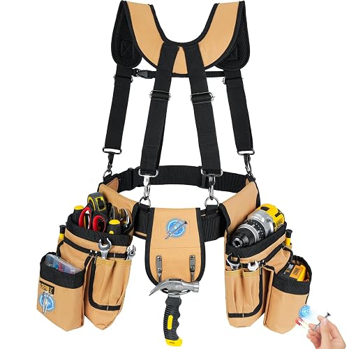 LEFOR·Z Tool Belt with Suspenders,27-Pockets Heavy Duty Tool Belts for Men | Detachable Adjustable Utility Toolbelt with Magnet Tool Pouch,Work Belt for Construction,Electrician,Dad Gifts for Men,Brown