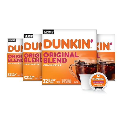 Dunkin’ Original Blend Medium Roast Coffee, Keurig K-Cup Pods, 128 Count | 4 boxes of 32 single serve coffee pods each, Rich & smooth flavor, Made with arabica coffee, Shelf stable, SNAP EBT eligible