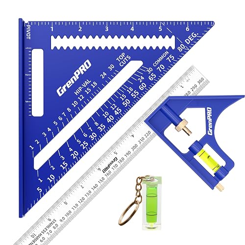 GRENPRO Combination Square Set, 7 & 12 Inch Aluminum Zinc Carpenter Tool | Stainless Ruler & Scriber Included, Bubble Level Ensures Accurate Layouts for Woodworking