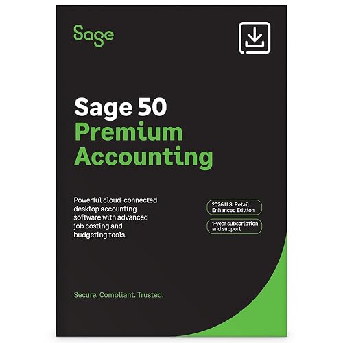 SAGE 50 Premium Accounting 2026 U.S. Retail Enhanced Edition | PC Online Code | 1-user, 1-year subscription with bookkeeping, invoicing, inventory, job costing, reporting, and business accounting tools.