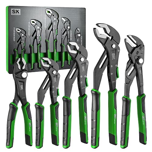 SK 5-Piece Pliers Set, Premium CR-V Steel, with EVA Foam Tool Organizer | 8" Adjustable Slip Joint Pliers, 8", 10" and 12" Quick Adjust V-Jaw Water Pump Pliers, 10" Smooth Parallel Jaw Pliers Wrench