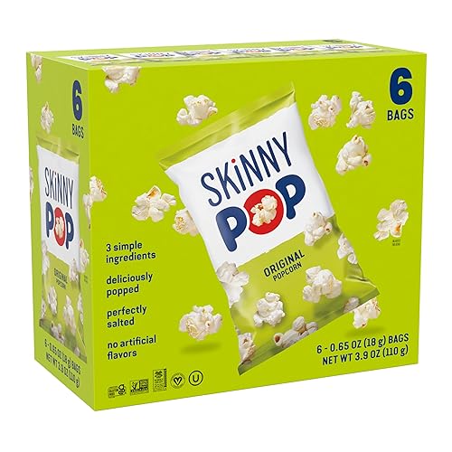 SkinnyPop Popcorn Bags, Original, Gluten Free Dairy Free Snacks, 6 ct | Snack box, Healthy Snacks for Adults, Vegan, For School and Office, 0.65 oz, 6 Skinny Pop Individual Bags