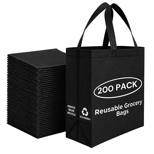 Simply Cool 200 Pack Reusable Grocery Bags, Large Tote Bags Bulk, Black | 14.5"x14"x6.6" Heavy Duty Non-woven Custom Shopping Bags with Handles, Foldable, Washable for Groceries and Commercial use